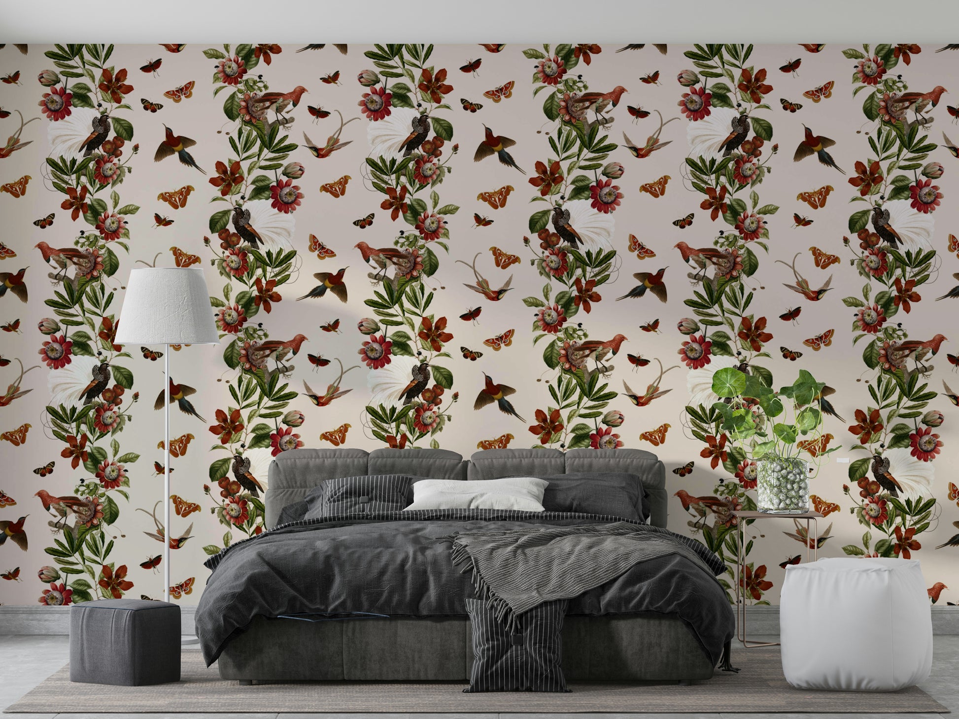 Bright, lively wallpaper with tropical blooms and lush greenery

