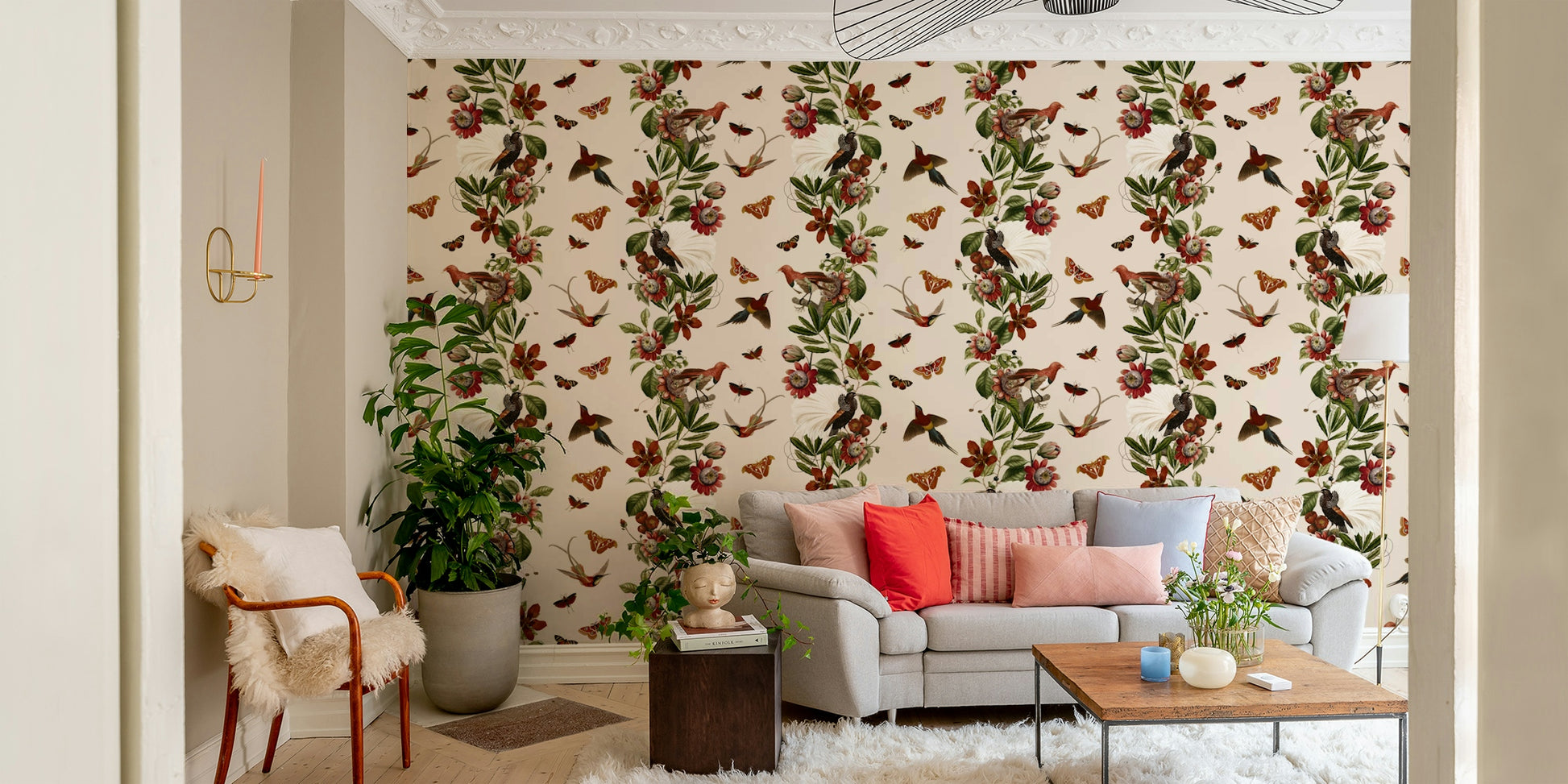 Bold wallpaper design featuring lush greenery and exotic blooms

