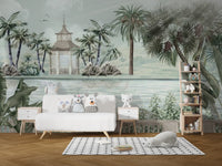 Watercolor Tropical Riverbank wallpaper mural styled along a hallway feature wall near a console in green tones