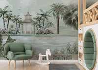 Watercolor Tropical Riverbank wallpaper mural as a feature wall in a home office workspace in green tones