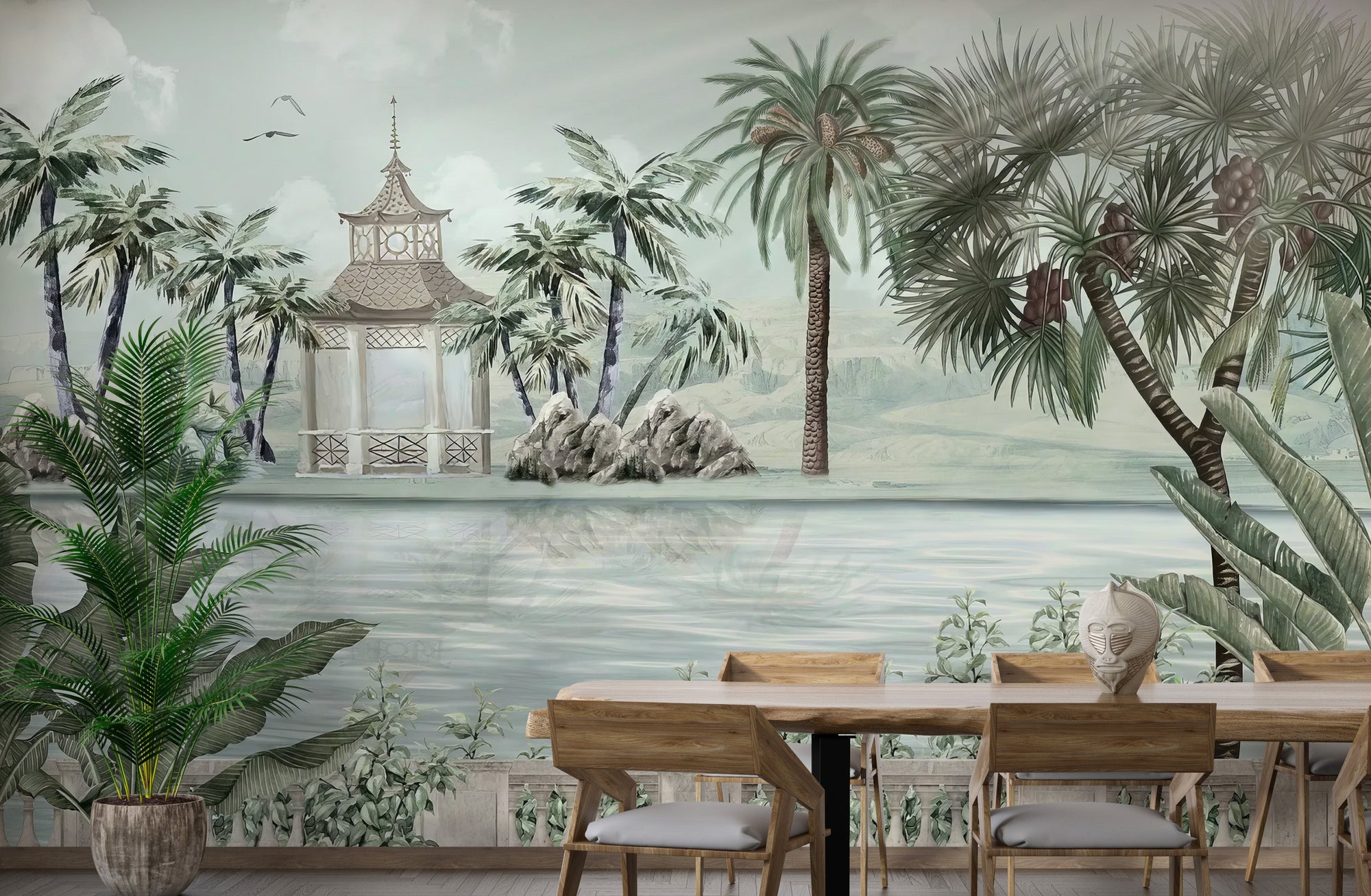 Watercolor tropical riverbank wallpaper
