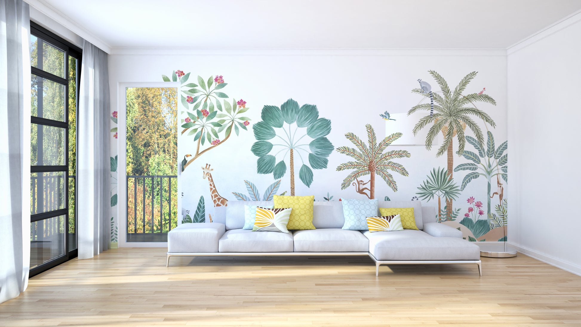 Giraffe and Monkeys in Tropical Wallpaper Mural Design