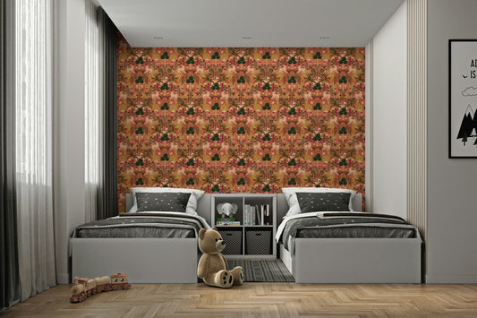 Tropical Tiger Garden wallpaper in a kids room with two single beds, grey star bedding and a teddy bear