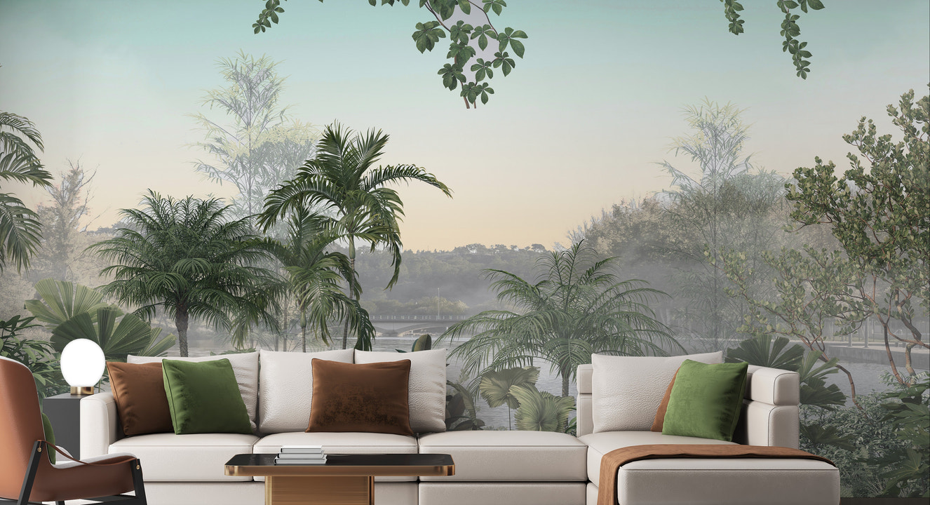 Cerulean sky with tropical trees wallpaper
