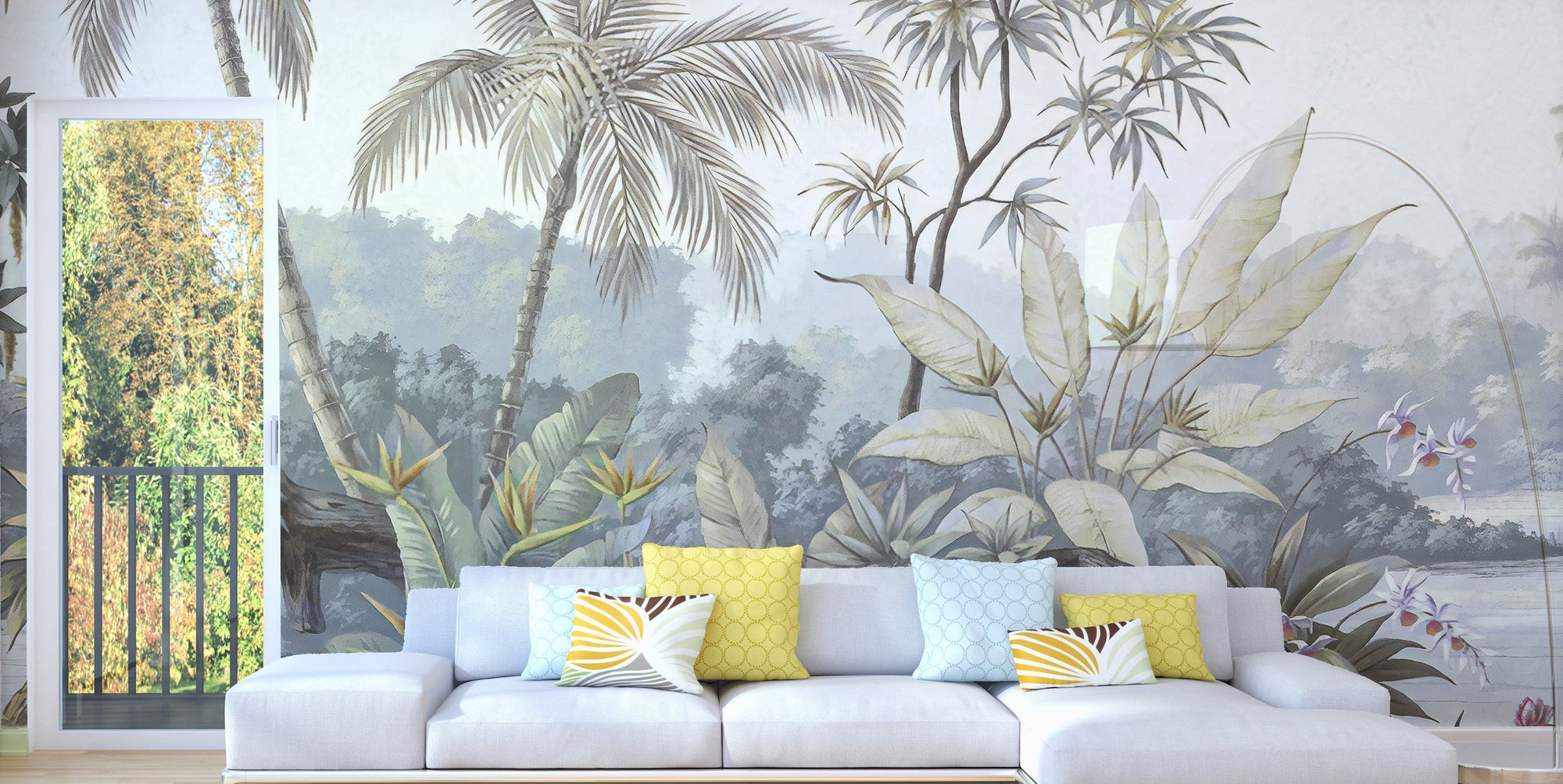 Tropical Trees Textured wallpaper mural shown as a full feature wall that highlights the design