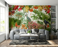 Tropical Eden mural with vibrant flowers and subtle wildlife

