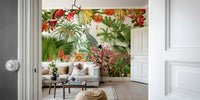 Vintage-inspired tropical mural with lush greenery and blooms

