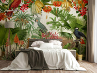 Vintage tropical mural with lush leaves and colorful flowers

