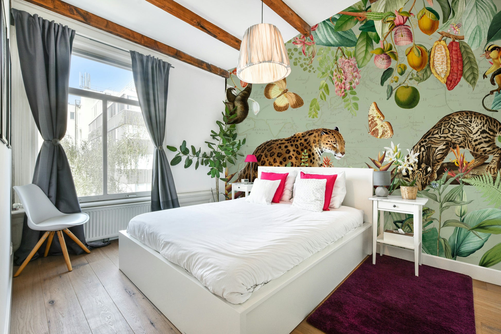 Nature-inspired mural wallpaper with vintage tropical flair

