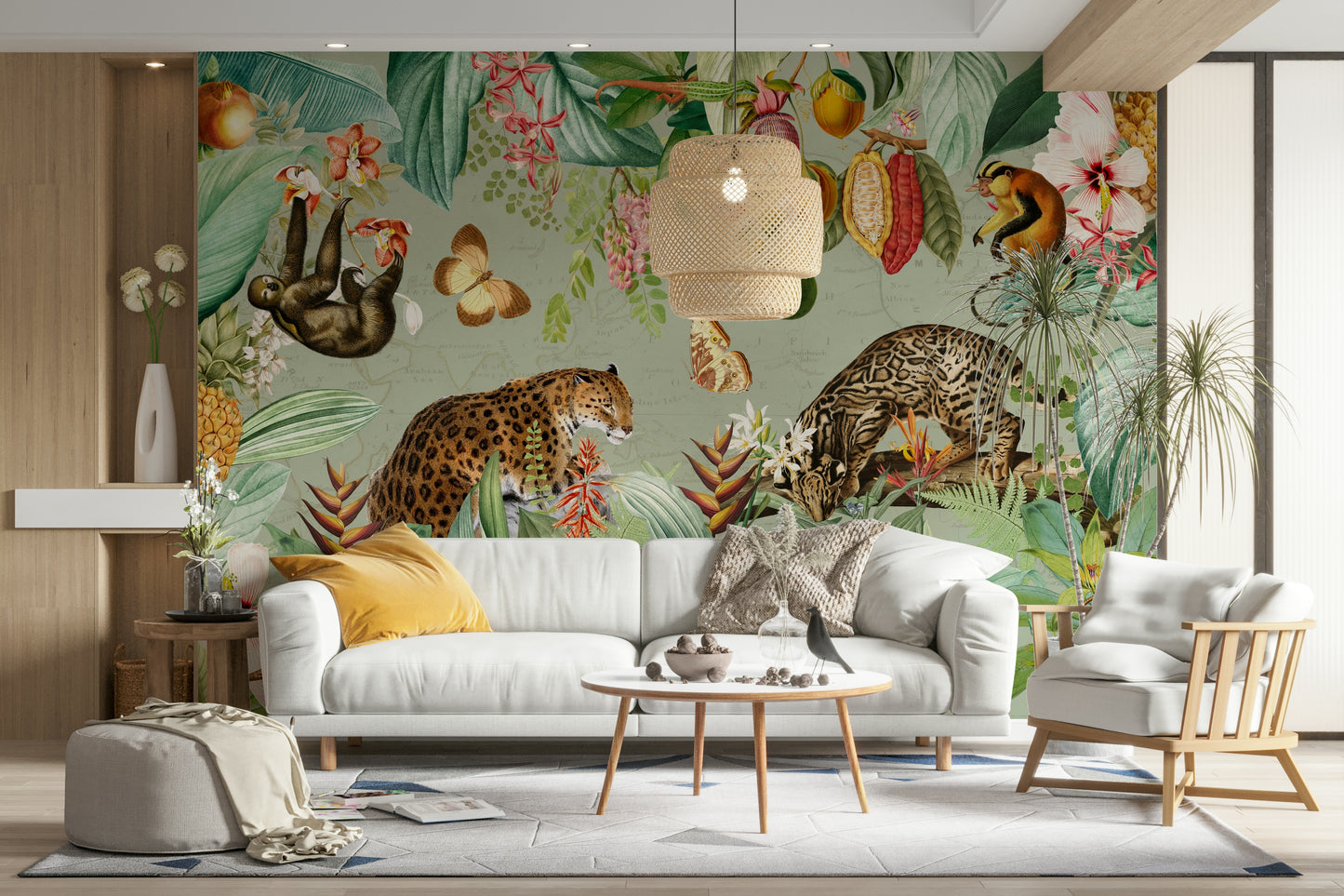 Wall mural featuring vibrant tropical flowers and wildlife

