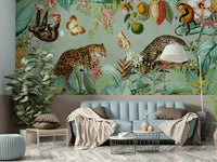 Lush jungle wall mural with vintage elements and rich foliage

