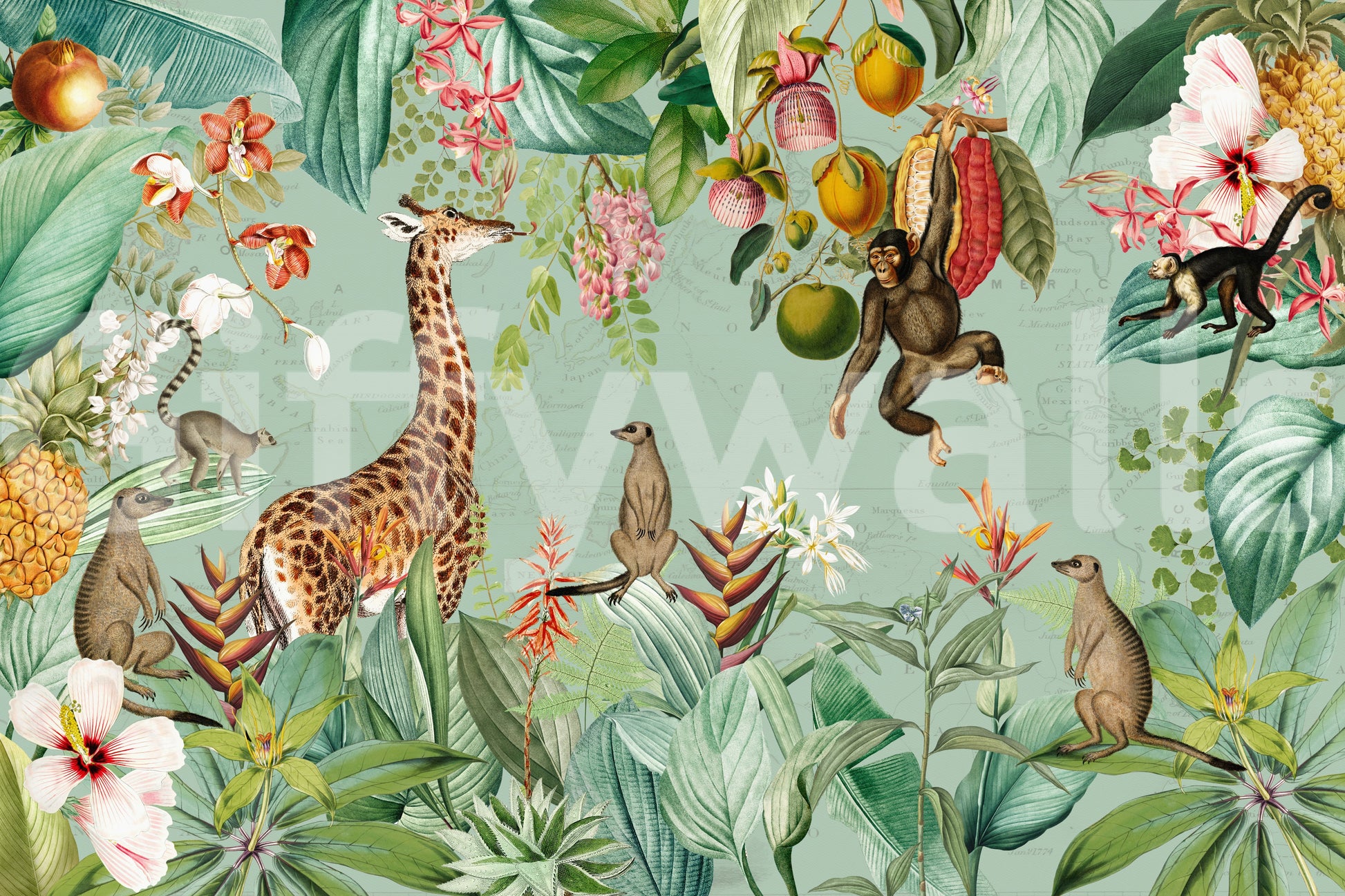 Vintage tropical mural with a serene, nature-inspired design

