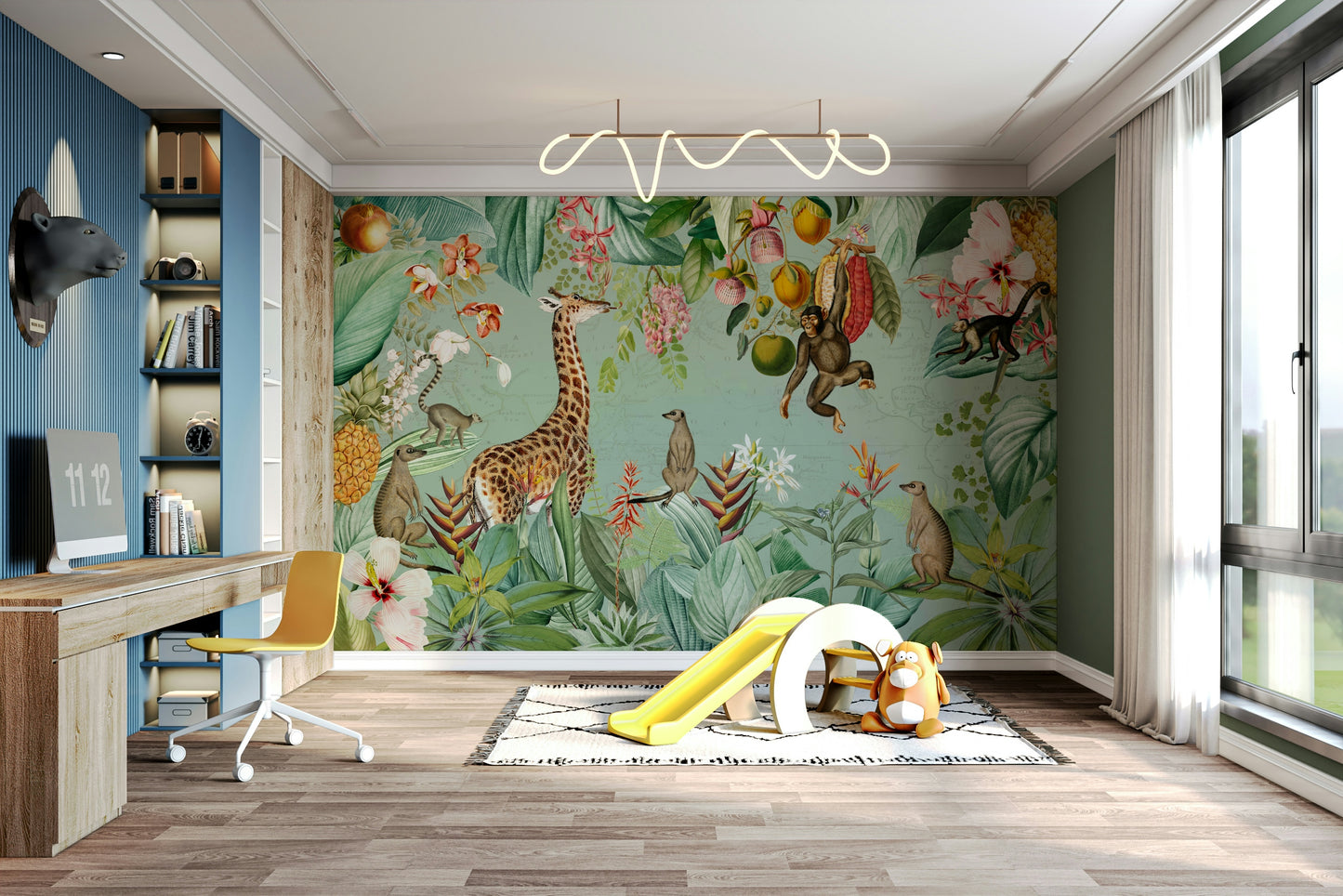 Tropical Vintage Expedition mural featuring detailed plants and animals

