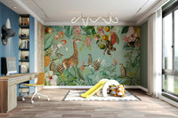 Tropical Vintage Expedition mural featuring detailed plants and animals

