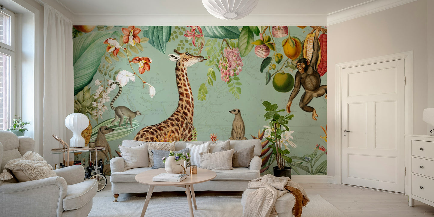 Exotic tropical wall mural with vintage charm and wildlife


