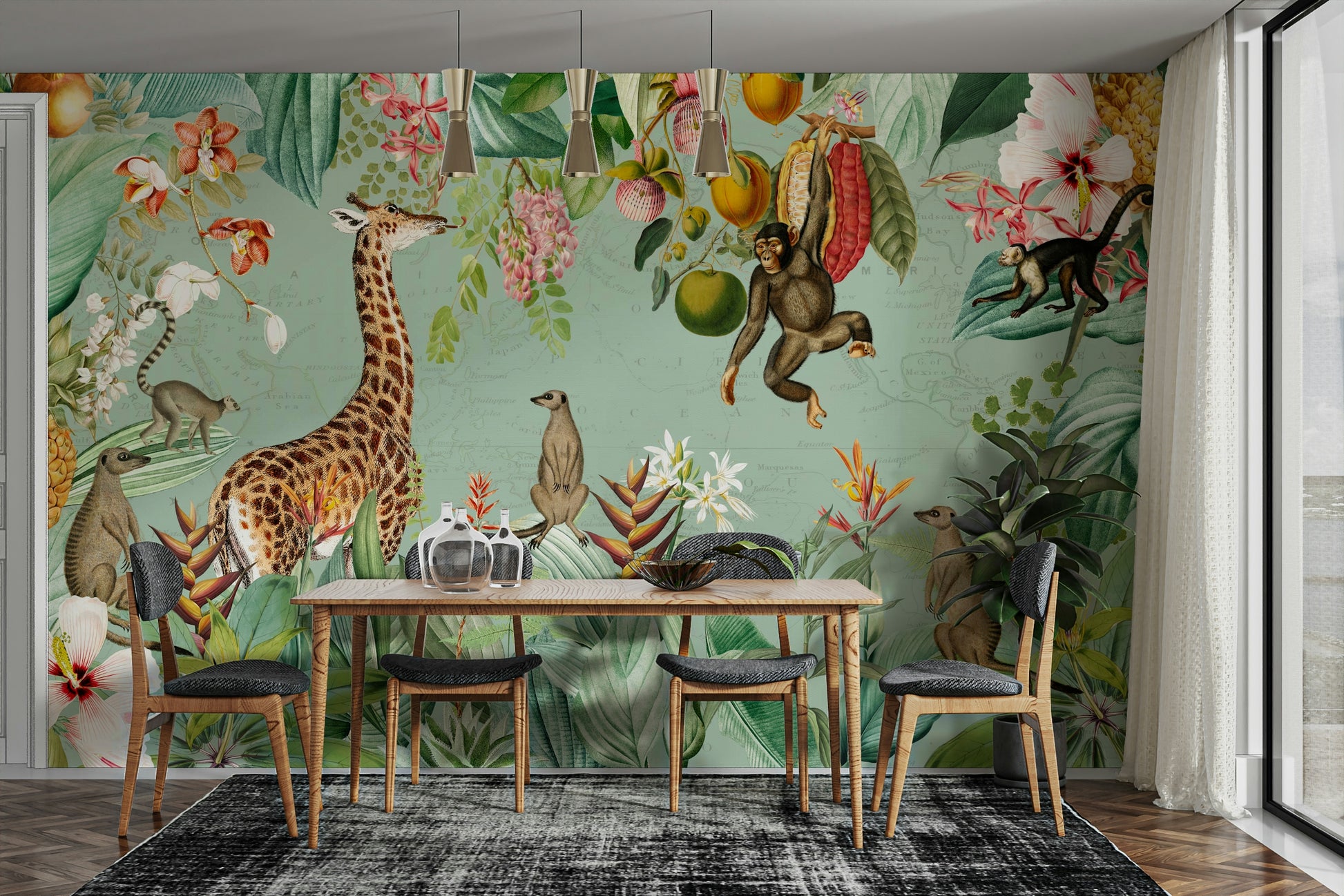 Vintage wall mural with rich jungle foliage and exotic elements

