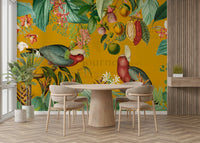 Vibrant tropical mural with lush jungle plants and vintage elements

