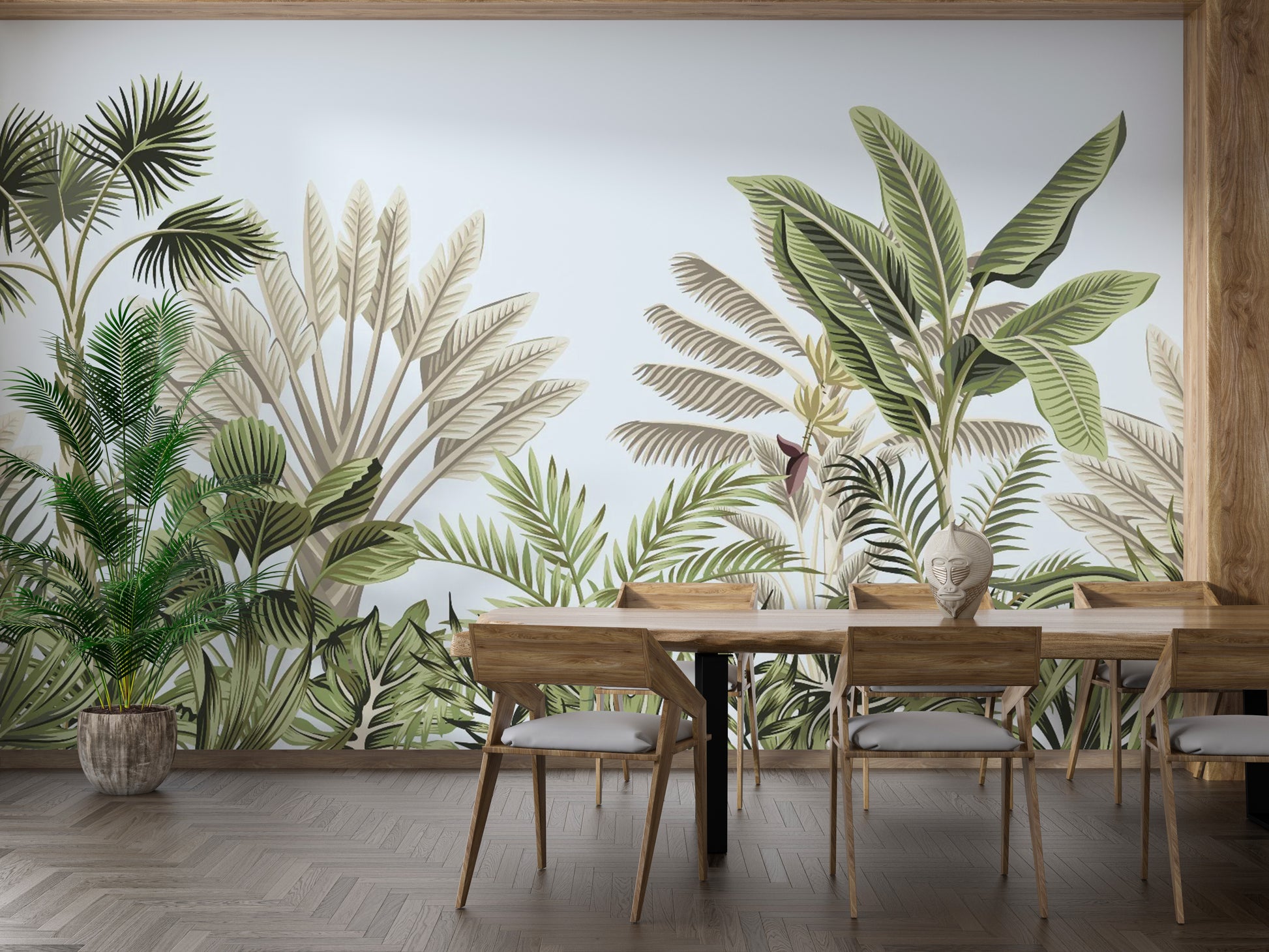 Vintage Tropical Leaves wallpaper mural styled along a hallway feature wall near a console in green tones