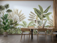 Vintage Tropical Leaves wallpaper mural styled along a hallway feature wall near a console in green tones