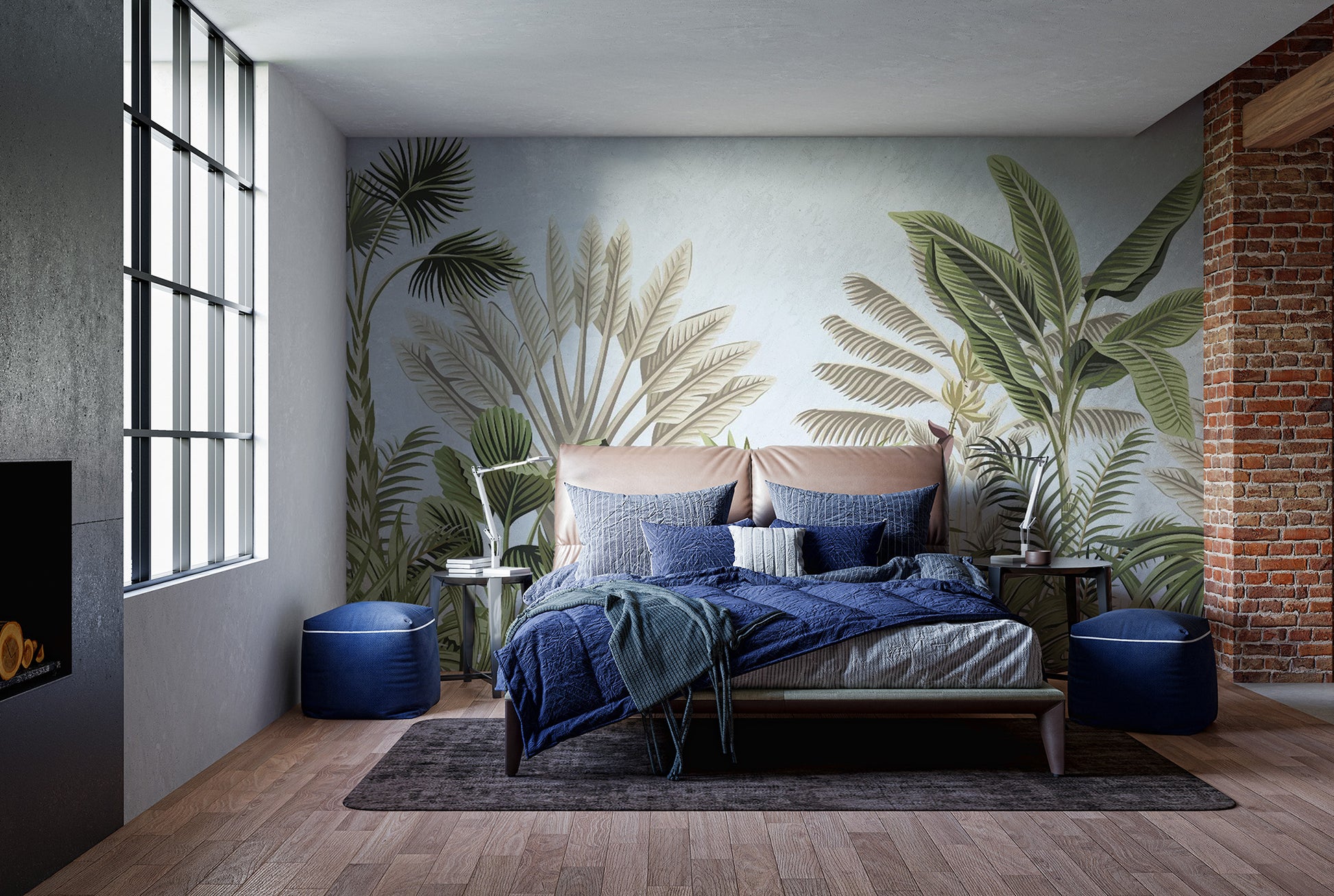Vintage Tropical Leaves wallpaper mural styled as a feature wall behind a dining table and chairs in green tones