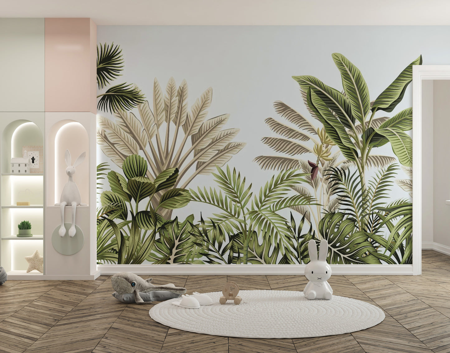 Vintage Tropical Leaves wallpaper mural as a bedroom feature wall behind the headboard in green tones