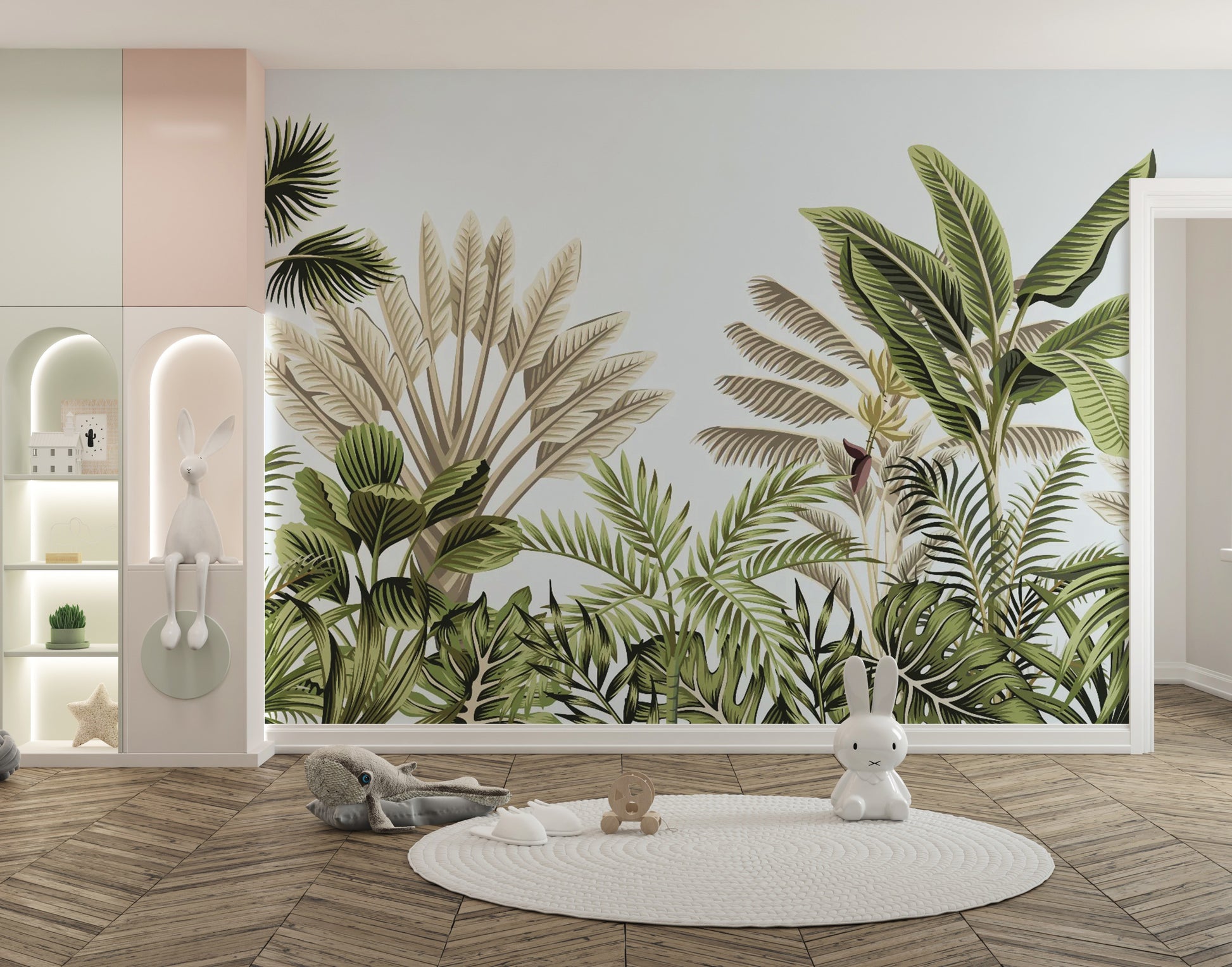 Vintage Tropical Leaves wallpaper mural as a bedroom feature wall behind the headboard in green tones