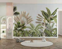 Vintage Tropical Leaves wallpaper mural as a bedroom feature wall behind the headboard in green tones