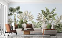 Vintage Tropical Leaves wallpaper mural shown as a full feature wall that highlights the design