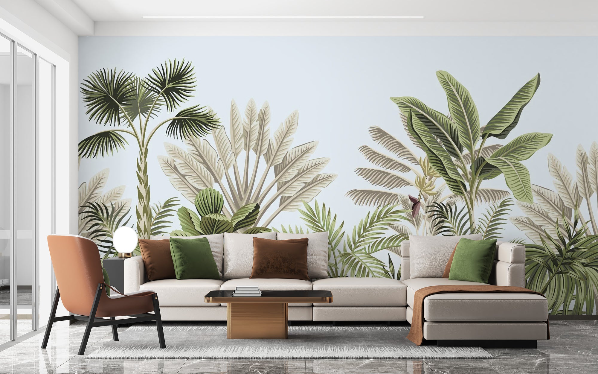 Vintage Tropical Leaves wallpaper mural shown as a full feature wall that highlights the design
