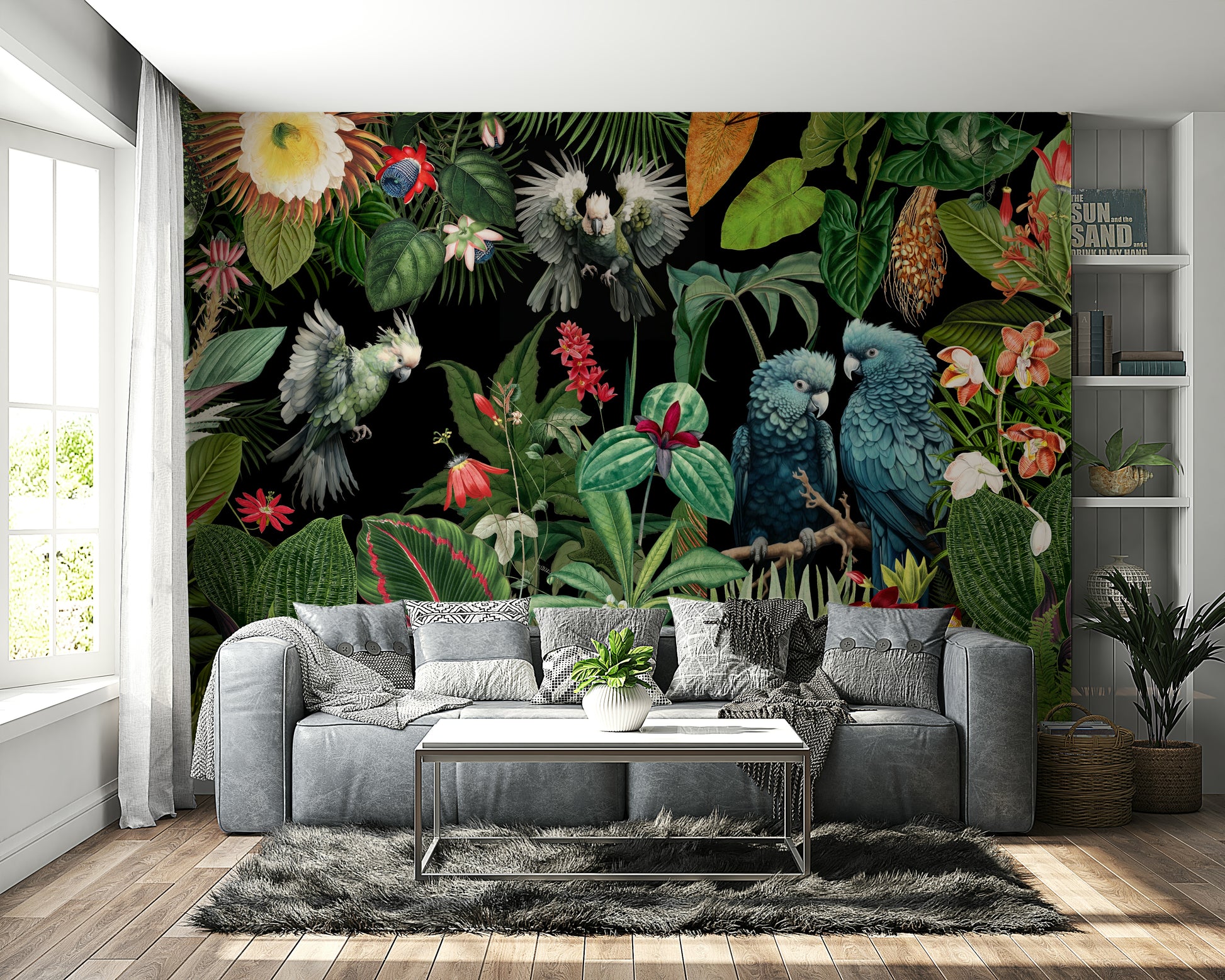 Exotic tropical wall mural with vintage floral collage

