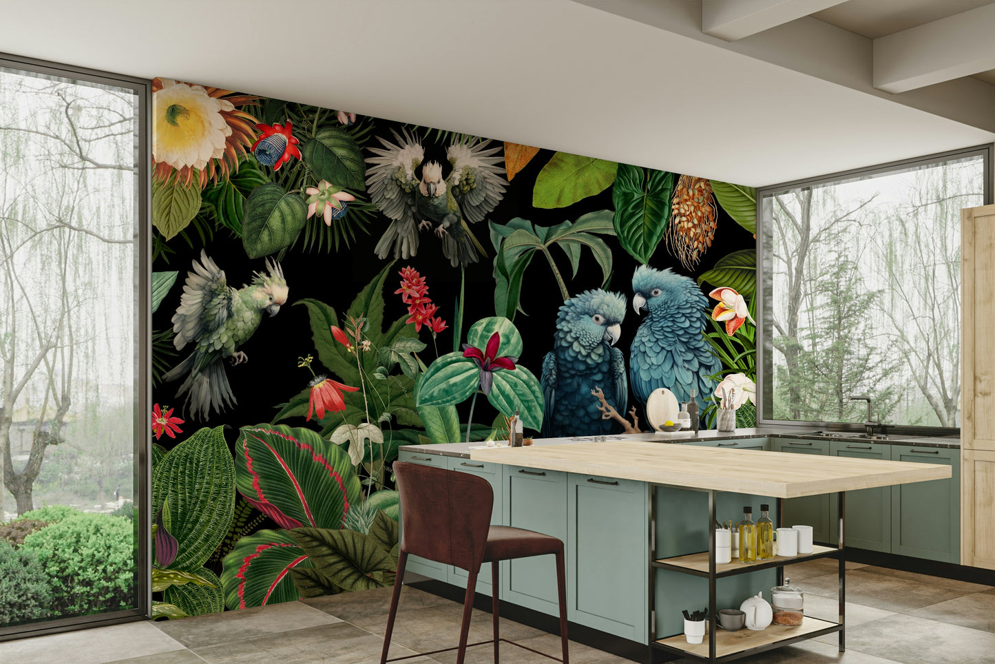 Wallpaper for walls with tropical plants and vintage collage style

