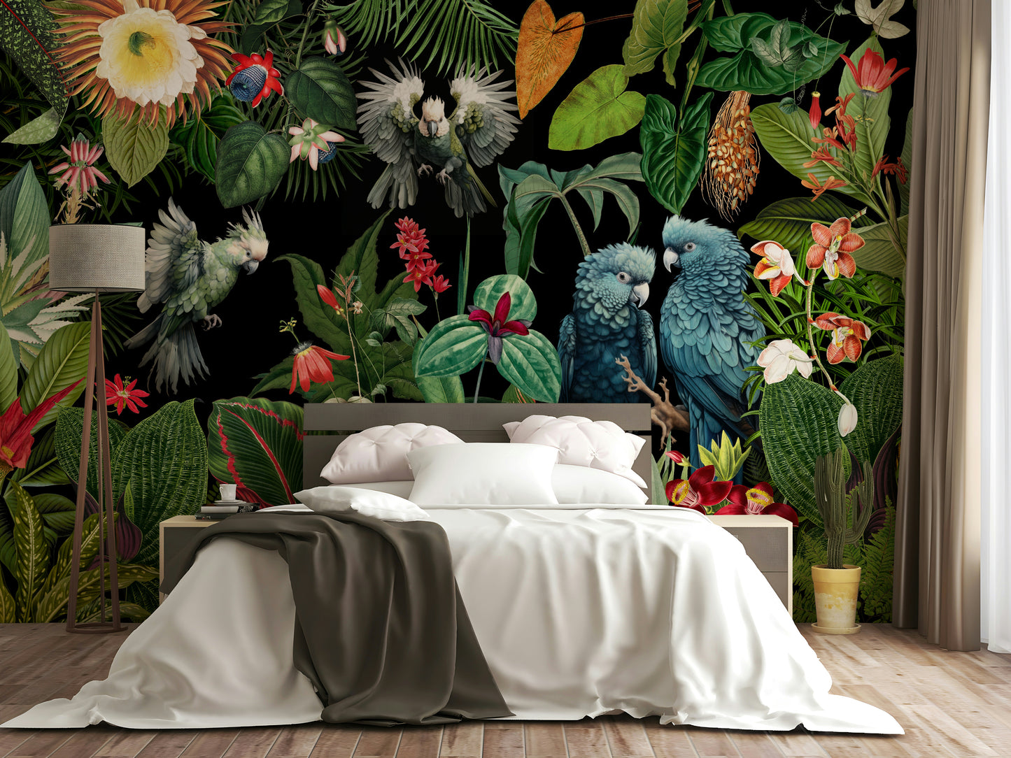 Tropical vintage collage mural with lush greenery and serene landscapes

