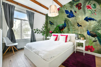 Tropical wall mural with vintage peacock design and vibrant colors

