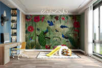 Wall mural with peacock motifs and tropical greenery

