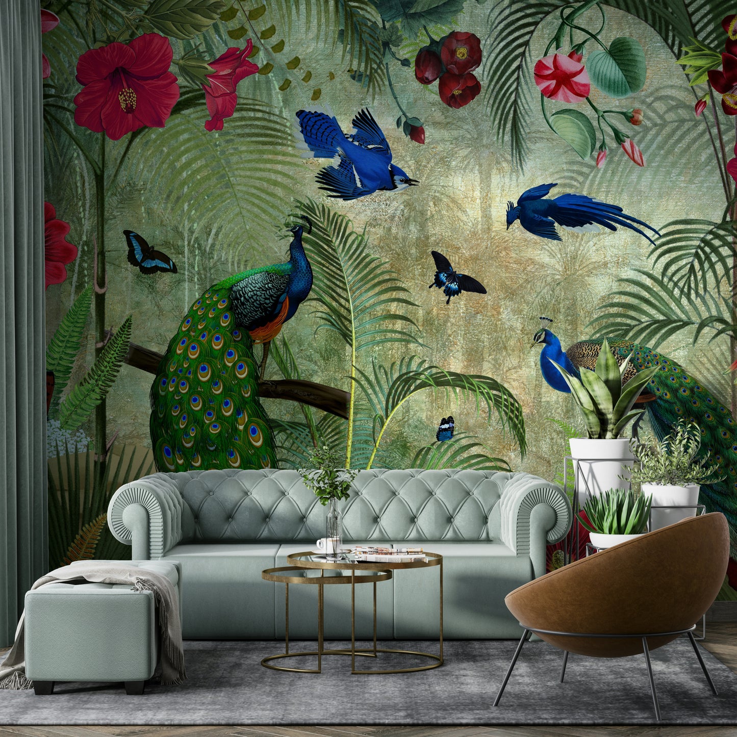 Vintage-inspired wallpaper mural featuring peacocks and plants

