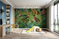 Wallpaper for walls with vibrant animals and tropical foliage

