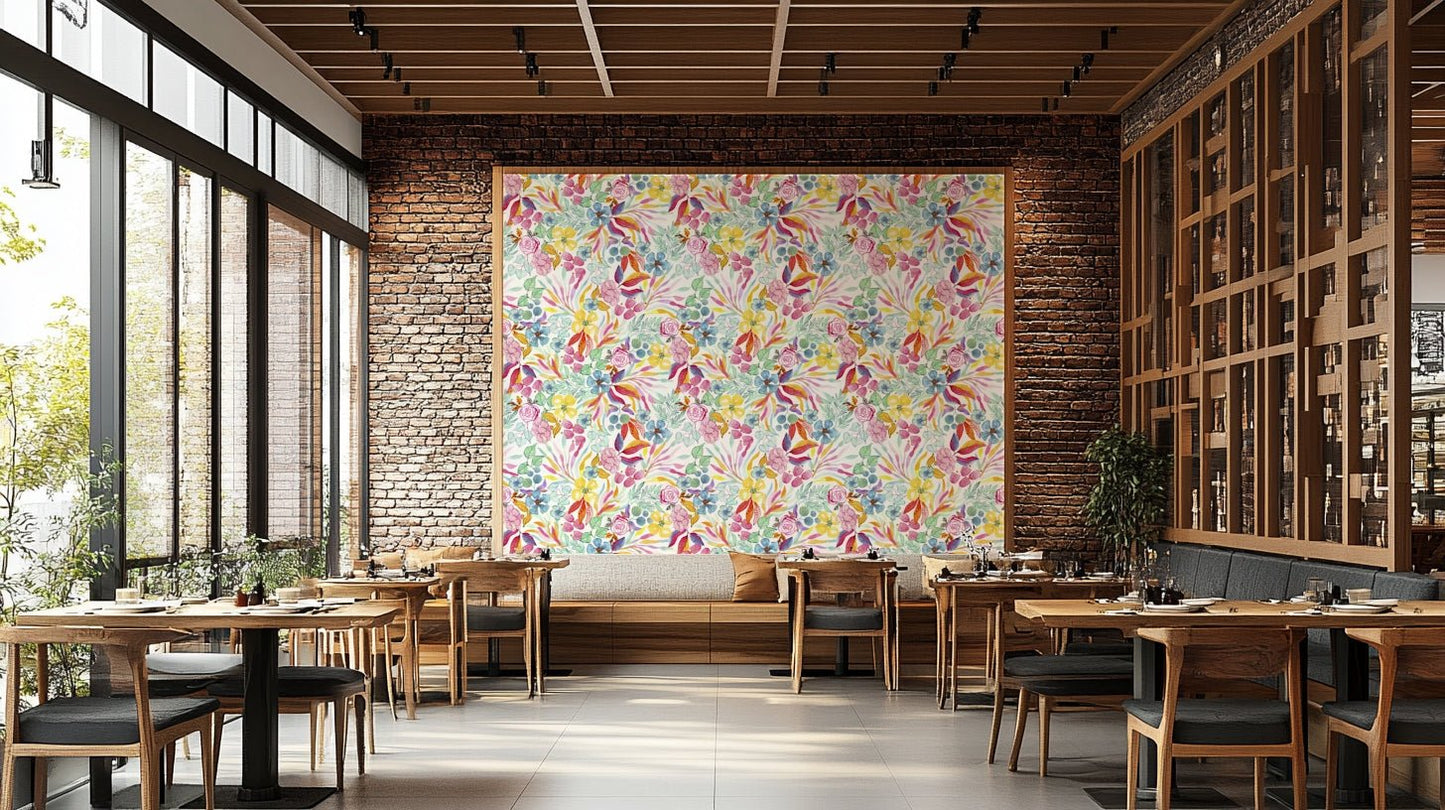 Tropical Watercolor Escape Wallpaper with palm leaves and flowers

