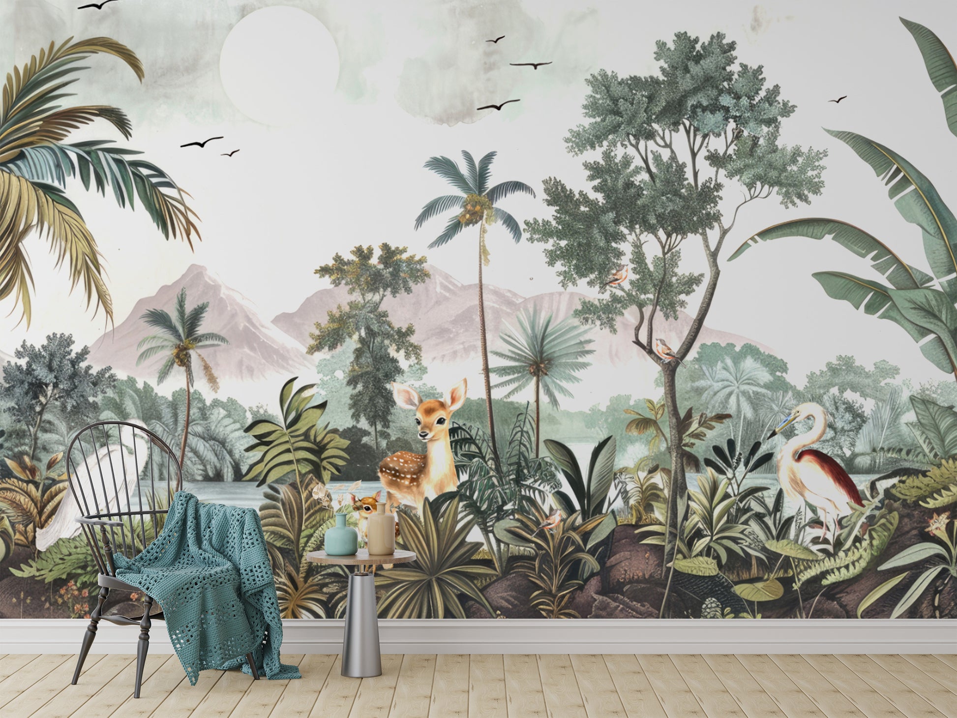 Palm trees and misty mountains in forest wallpaper mural
