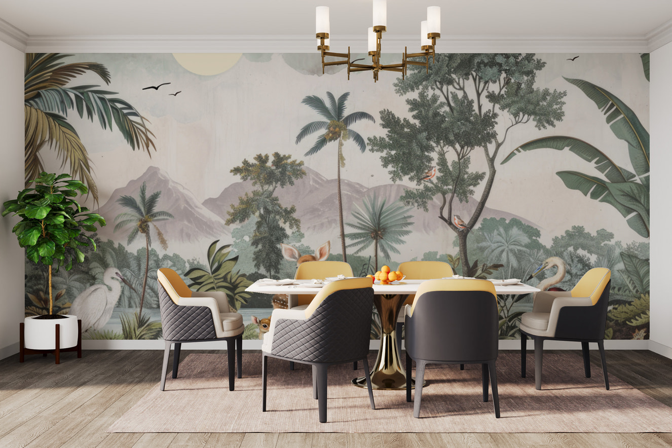 Serene deer and tropical birds in jungle wallpaper mural
