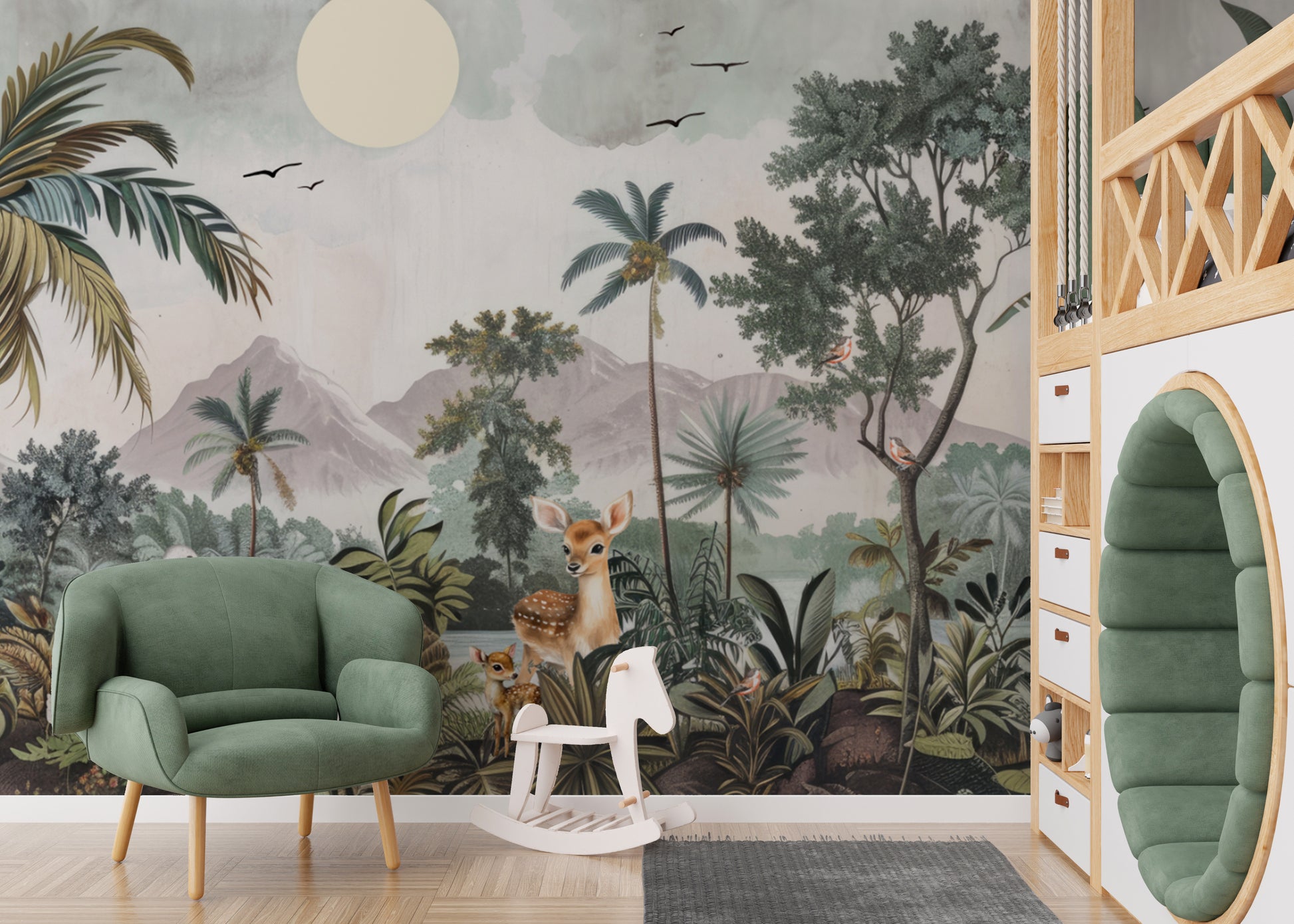 Hand-painted wildlife forest wallpaper mural for walls
