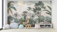 Exotic birds and deer in jungle wallpaper mural design
