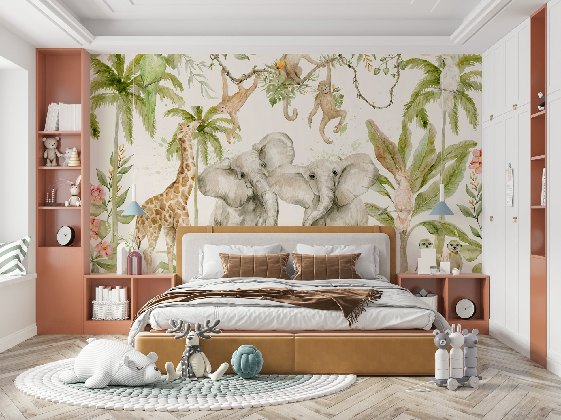 Jungle-themed wall mural with vibrant animals

