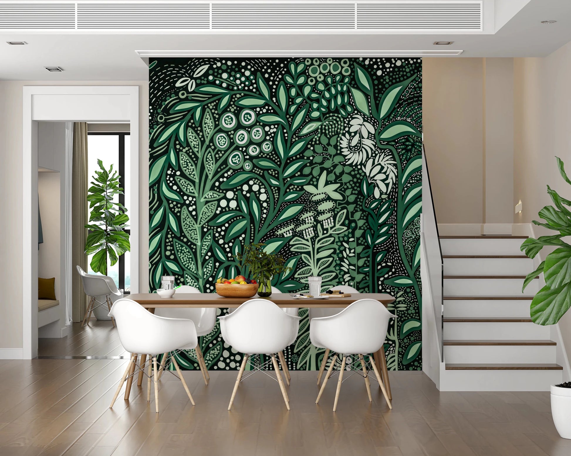 Tropifolia Alborosa Intricate Tropical Green Botanical Pattern with White Leaves and Delicate Floral Details Wall Mural