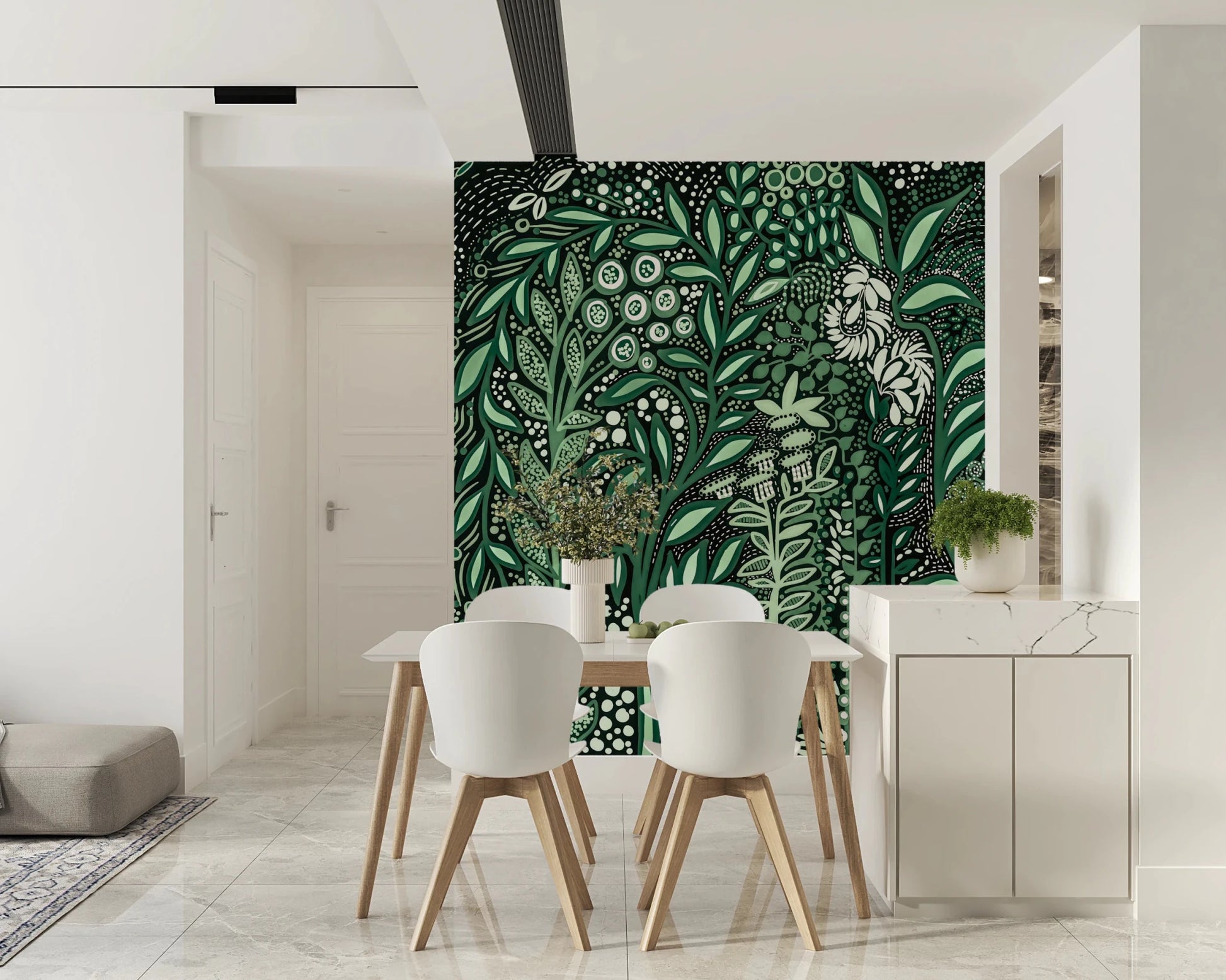 Tropifolia Alborosa Intricate Tropical Green Botanical Pattern with White Leaves and Delicate Floral Details Wall Mural