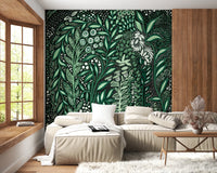 Tropifolia Alborosa Intricate Tropical Green Botanical Pattern with White Leaves and Delicate Floral Details Wall Mural