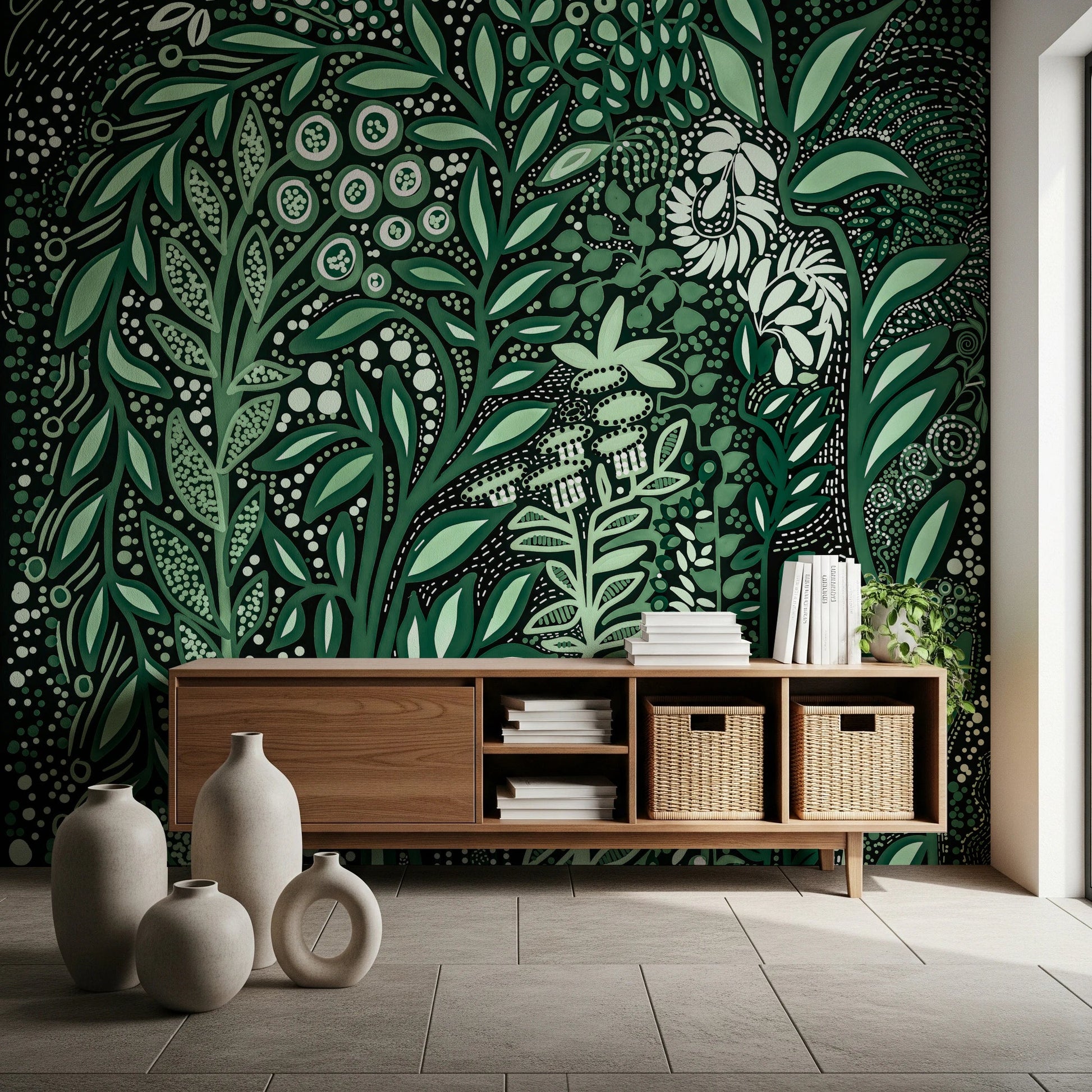 Tropifolia Alborosa Intricate Tropical Green Botanical Pattern with White Leaves and Delicate Floral Details Wall Mural