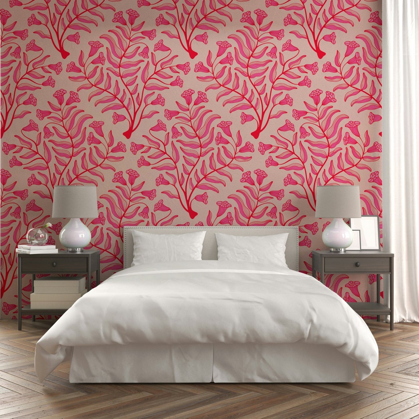 Botanical damask wallpaper with trumpet blossoms

