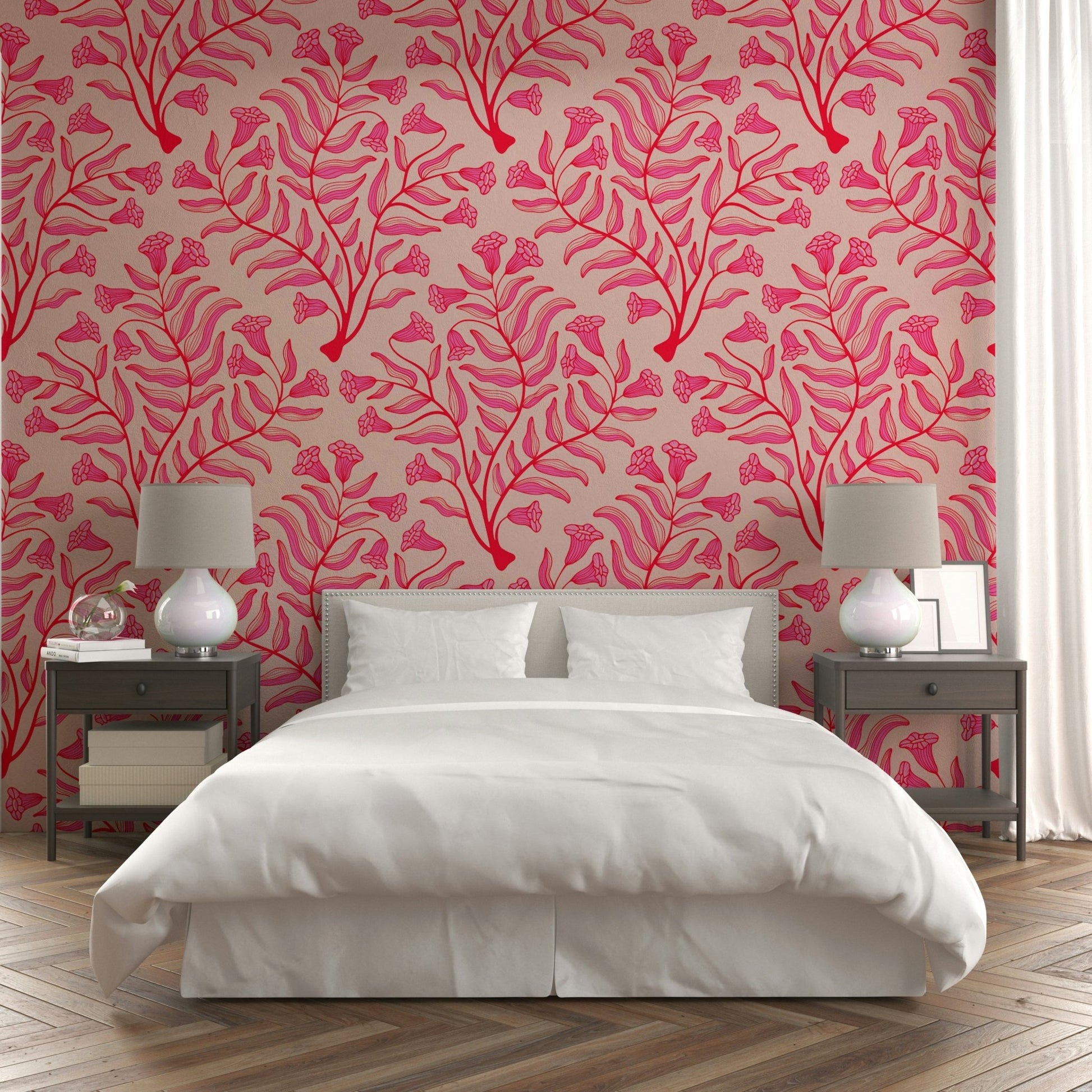 Botanical damask wallpaper with trumpet blossoms

