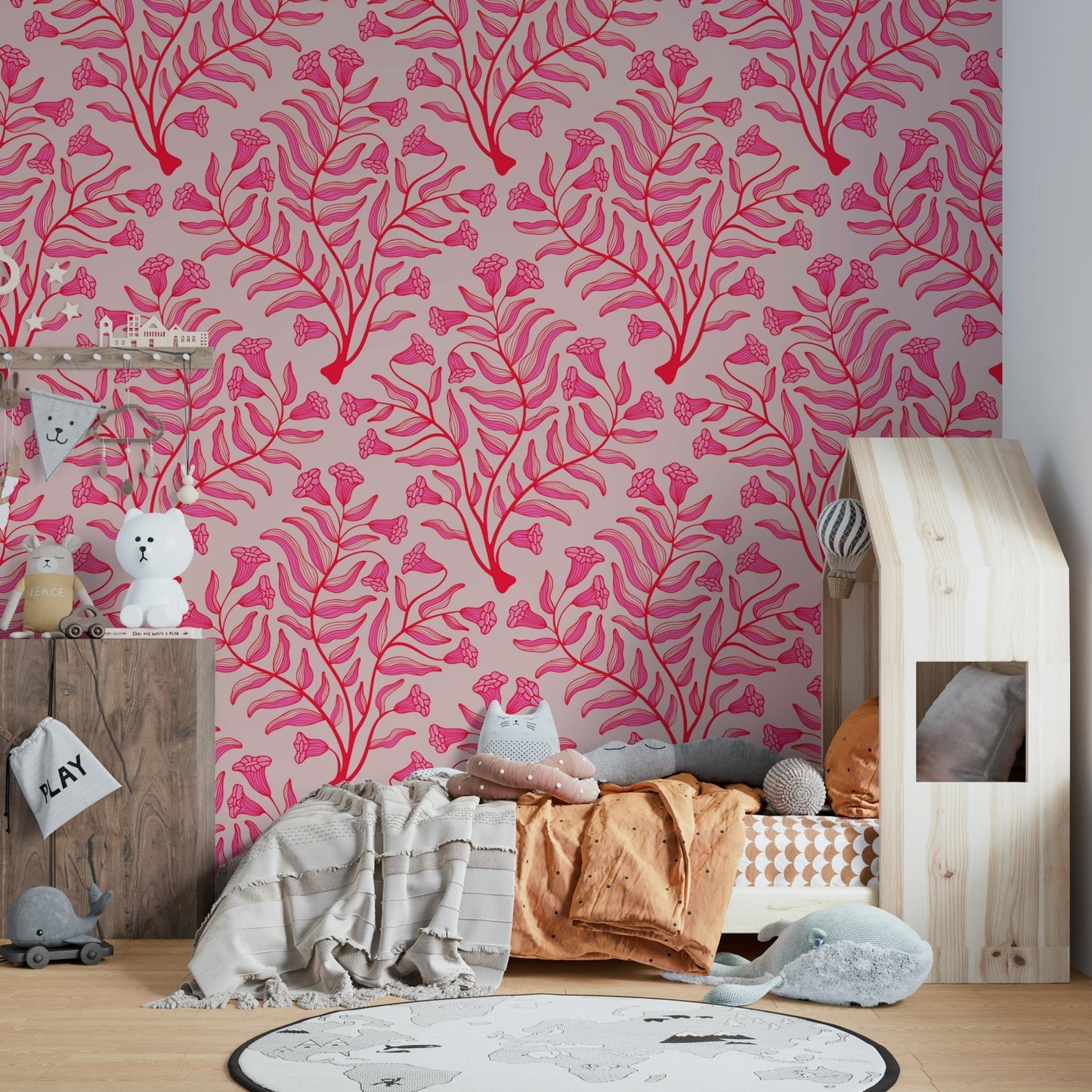 Fuchsia flower wallpaper in classic damask style

