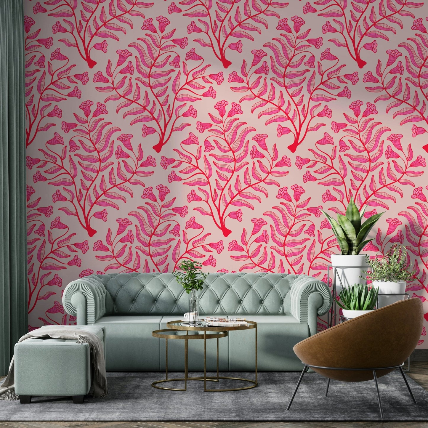 Vintage floral wallpaper in red and light pink tones

